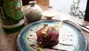 venison roll with cream cheese, strawberries and fig compote