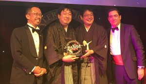 At the ceremony of IWC, Gekkeikan’s Gold and Great Value Award-winning Tokusen